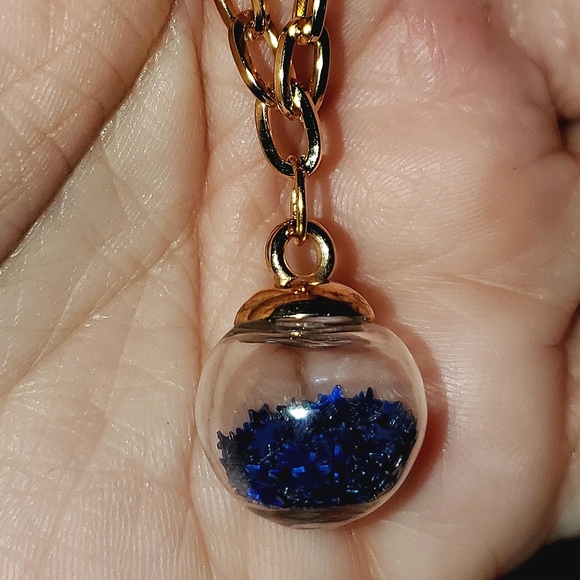 Handmade clear glass ball with blue sparkly stars necklace & earrings set. - Picture 6 of 8